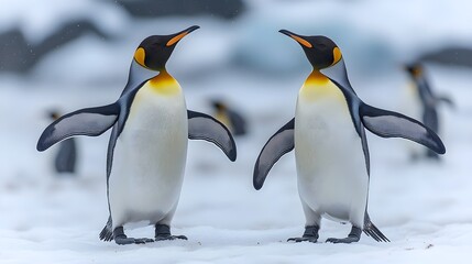 Fototapeta premium Penguins standing on the shore of a snow covered Antarctic island