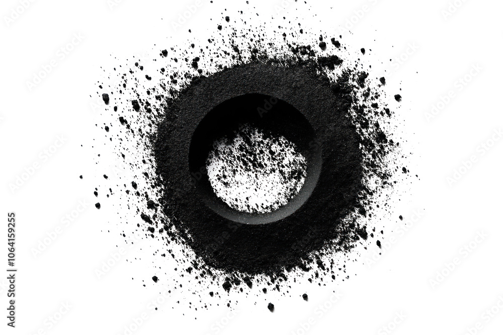 Poster Black powder splatter in circle shape, isolated on transparent background. Dark particles scattered around central dot, creating textured pattern. Simple design with contrast between black and white.