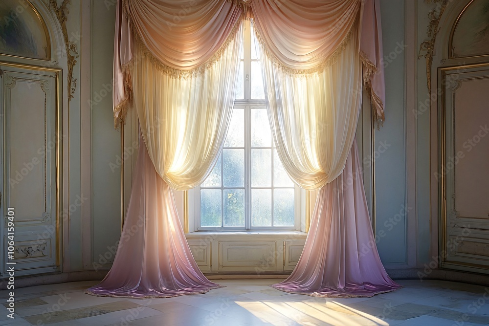 Poster sunlight streams through a large window, illuminating elegant, flowing curtains in a luxurious palac