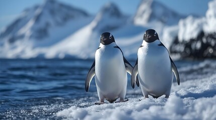 Obraz premium Penguins standing on the shore of a snow covered Antarctic island