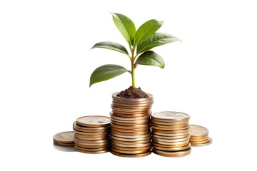 Plant Growing on Coins - Symbol of Financial Growth isolated on white background as transparent. PNG. AI GENERATED