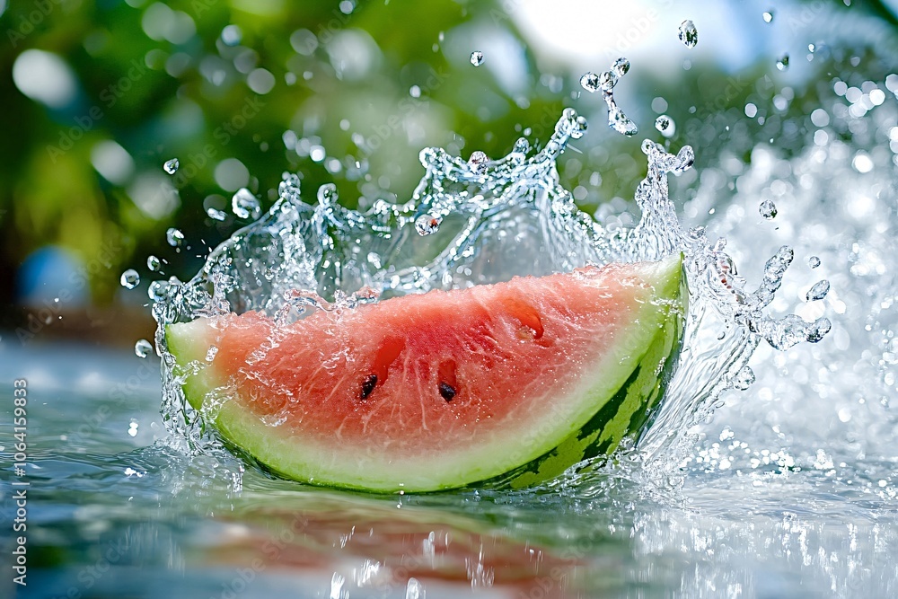 Aufkleber fresh slice of watermelon making a splash in refreshing water, with a beautiful bokeh background cre