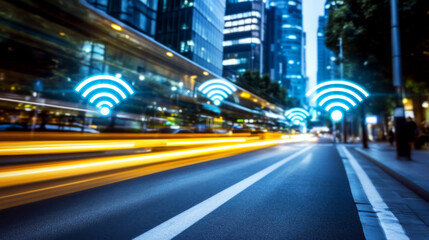 City street at night with blurred lights and Wi-Fi symbols above the road. Concept of connectivity and modern urban life.
