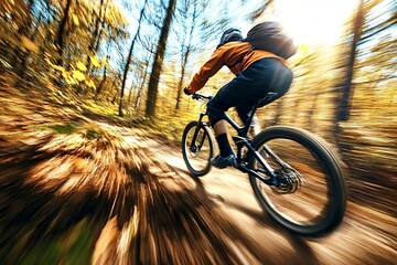 Naklejka premium Mountain biker speeds through a colorful autumn trail, fully immersed in nature's beauty and the thrill of biking