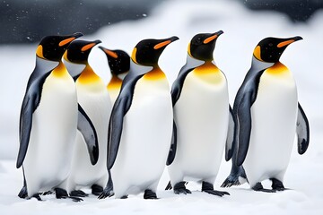 Fototapeta premium Penguins standing on the shore of a snow covered Antarctic island