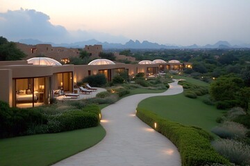 Fototapeta premium Luxury Resort Villas Amidst Scenic Mountain Landscape at Sunset