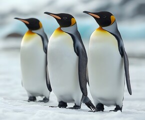 Fototapeta premium Penguins standing on the shore of a snow covered Antarctic island