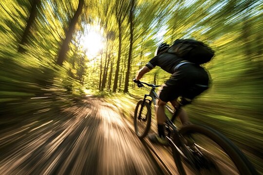 Riding a mountain bike through a lush forest trail, feeling the rush of speed and enjoying the beauty of nature with motion blur for added excitement