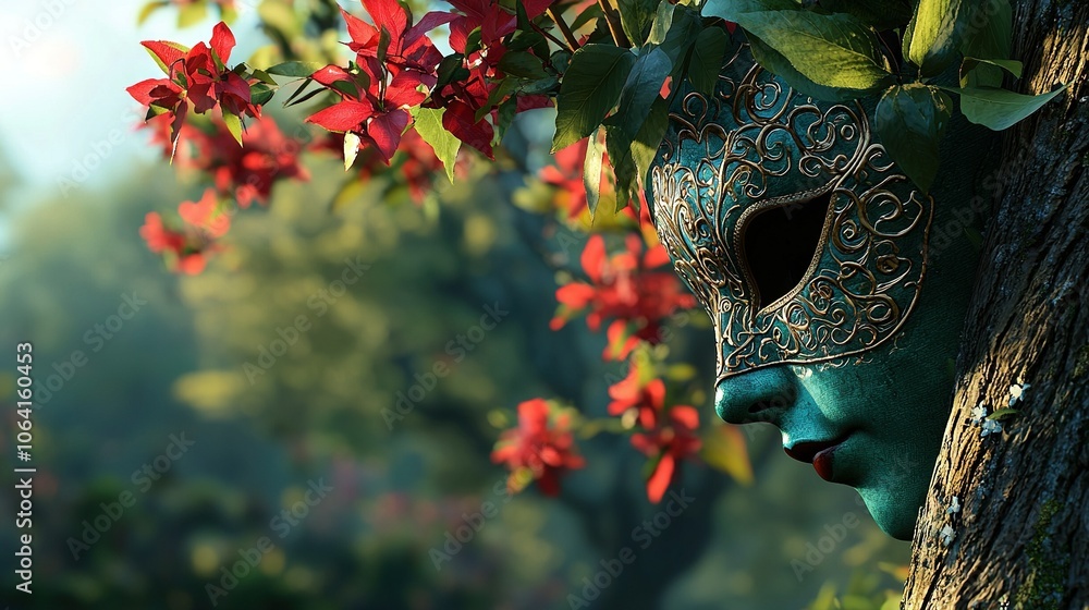 Poster a close-up of a tree with a mask on its face and red flowers in the background