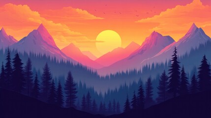 Obraz premium Mountain range and forest at sunset with orange and pink clouds creating a peaceful evening scene