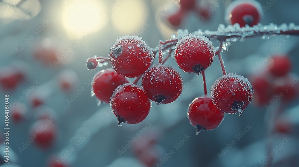 Poster close-up of red berries covered in frost on a branch with a blurry background.