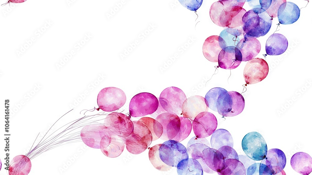 Poster a group of balloons floating in the sky, connected by strings on their sides