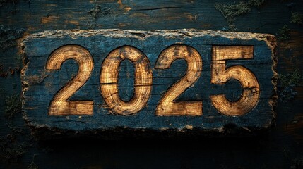 The year 2025 is carved into a piece of weathered wood, set against a rustic background.