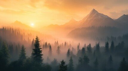 Obraz premium Sunset illuminating mist-covered mountains and trees, creating a tranquil evening view -