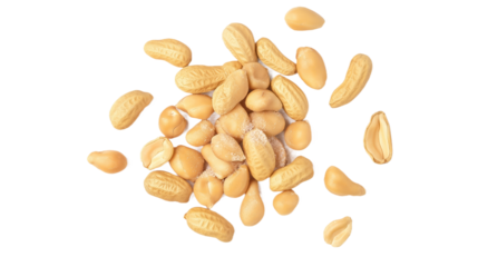 Light brown peanuts scattered in a pile on transparent background. Oval-shaped peanuts are stacked, some overlapping, on a clean surface. Warm tones of peanuts contrast with stark cut out backdrop.