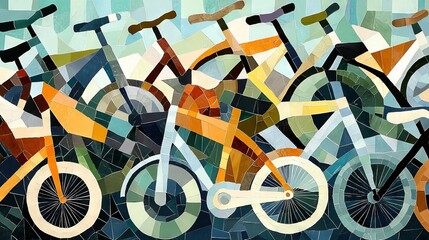   A mosaic pattern of blue, green, yellow, orange, and white background depicts a group of bicycles