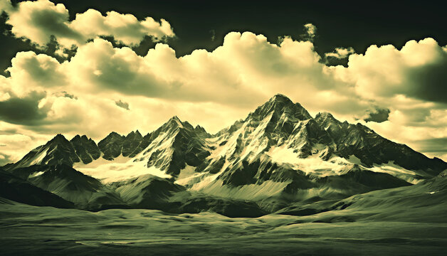 Snowy Mountains Vintage Filtered Look - Emulating Black & White , 1920s Large Format Scenic Photographs