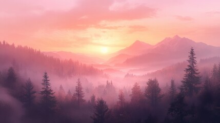 Obraz premium Sunset over misty forested mountains, with soft pink and orange tones blending into the horizon