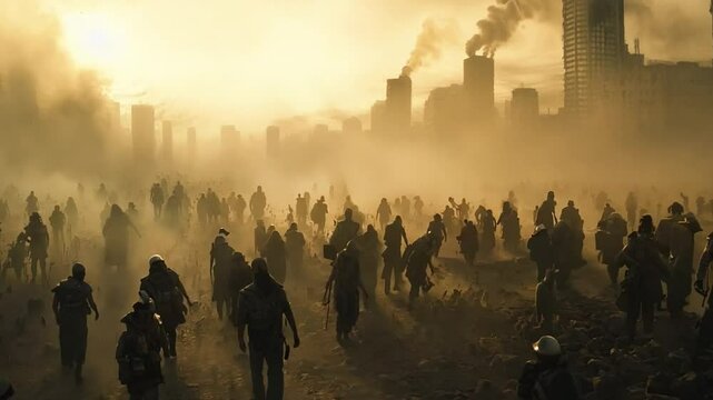 Zombie horde, Undead Onslaught, Surviving the Nightmarish Zombie Horde, Hordes of undead, Zombie walking in the abandoned town, Beginning of the zombie apocalypse, Zombie crowd walking, footage, 4k 