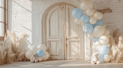 A white door with a blue archway. There are two teddy bears on the floor. A bunch of balloons are hanging from the archway