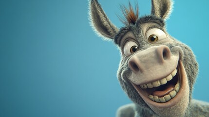 A cartoon donkey with a big smile and wide eyes looks directly at the camera.