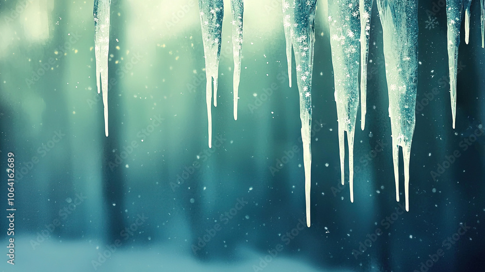 Poster a group of icicles dangles from a tree's side, framing a forest blanketed in snow