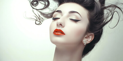 Fototapeta premium Serene Beauty: A captivating portrait of a woman with flowing dark hair, striking makeup, and a serene expression. Her beauty is both classic and modern, exuding grace and allure.