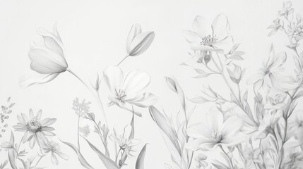 Obraz premium A minimalist black and white pencil drawing of various flowers on a white background.