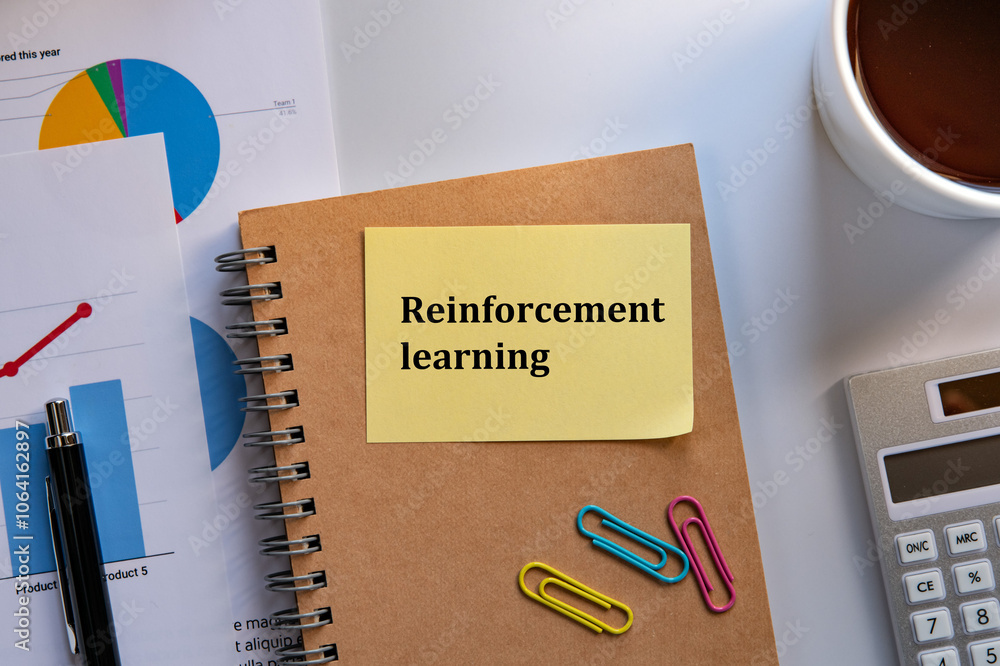 Poster there is sticky note with the word reinforcement learning. it is as an eye-catching image.