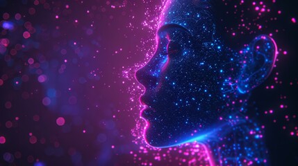 Naklejka premium Abstract representation of female face illuminated by vibrant cosmic particles, colorful nebula effects, exploring themes of artificial intelligence, technology, and digital creativity.