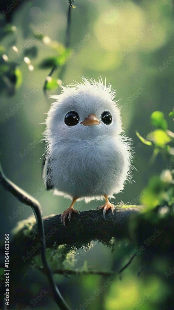 Poster a close-up of a small bird perched on a tree branch, with a blurry background