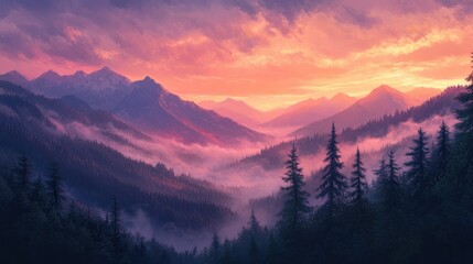 Obraz premium View of misty forested mountains at sunset, with a sky painted in shades of pink, orange, and purple