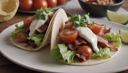 blt (bacon, lettuce, tomato) tacos with cheese on a plate