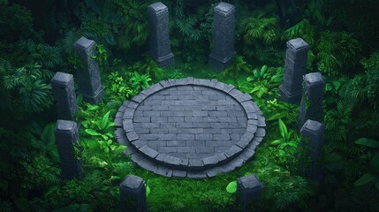 Fototapeta premium A circular stone platform surrounded by tall, gray pillars in a lush, green jungle setting.