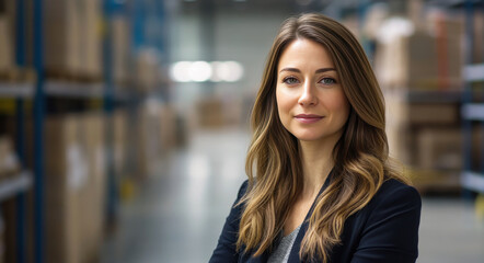 Fototapeta premium Confident Businesswoman in Warehouse Setting, Showcasing Leadership and Professionalism