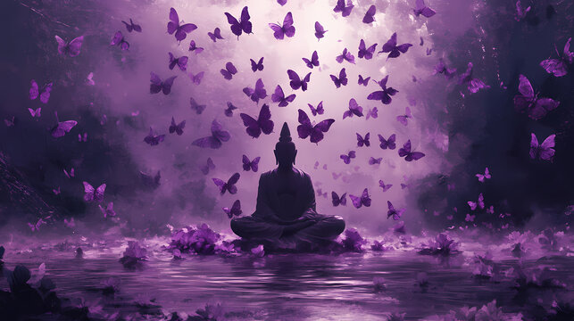 A mystical morpheus surrounded by floating, translucent purple butterflies, each symbolizing a fragile dream. Mystical. Illustration