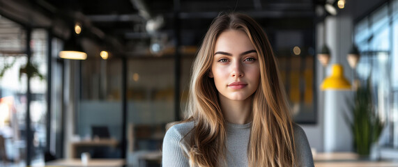 Fototapeta premium Confident Young Woman in Modern Office Setting with Stylish Decor