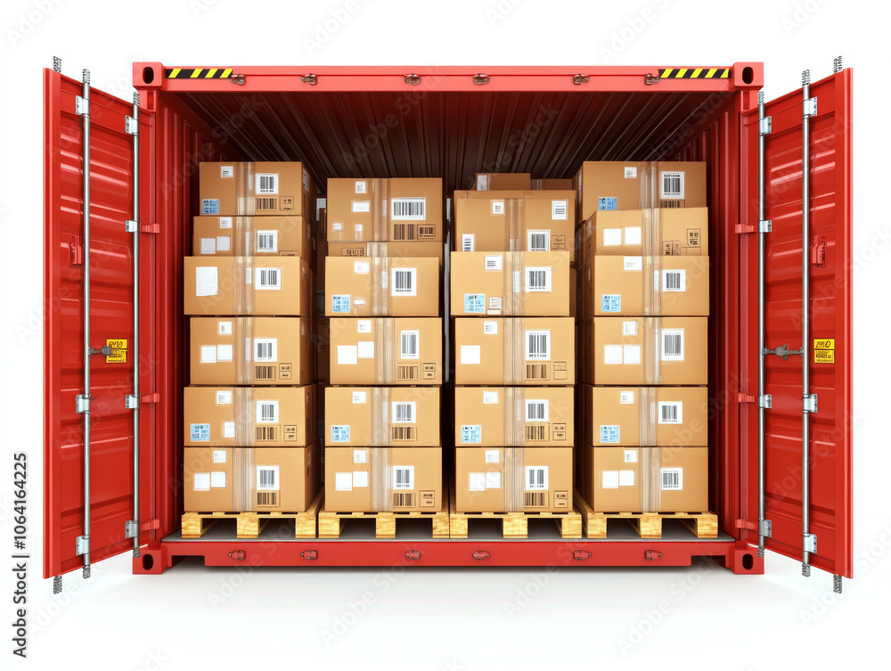Poster boxes stacked on pallets are inside an open red shipping container. concept involves logistics and g