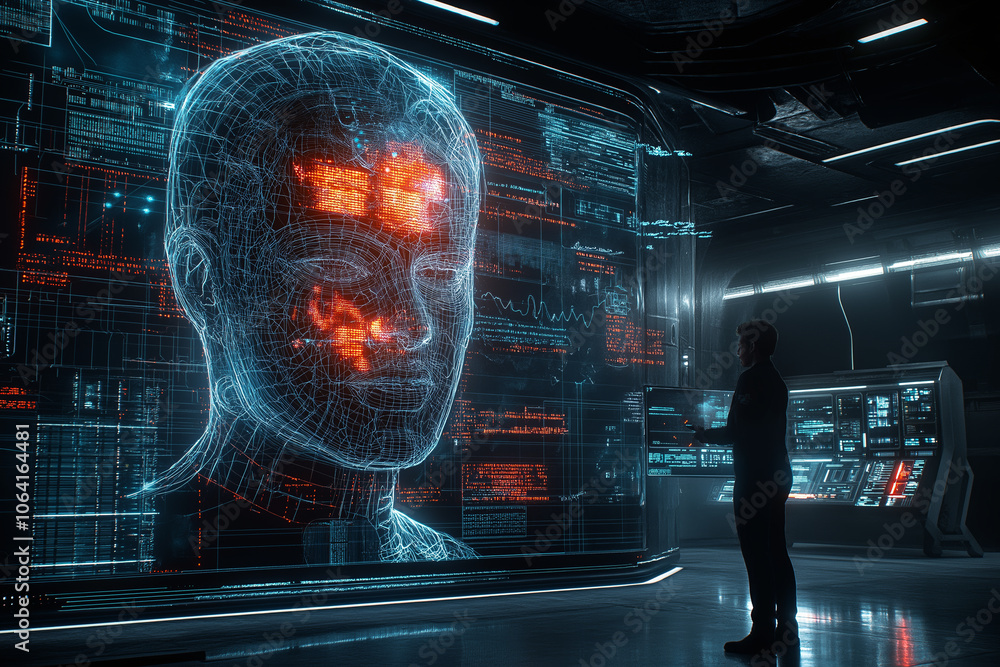 Poster futuristic digital health assessment interface displays holographic face with data overlays. person 