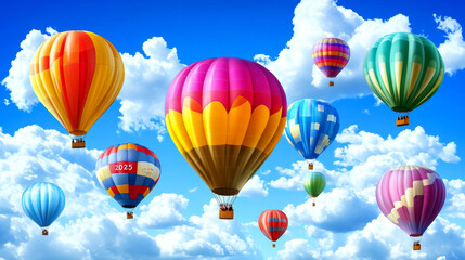 Obraz premium Colorful hot air balloons float in a clear blue sky with fluffy clouds. Concept of freedom and adventure.