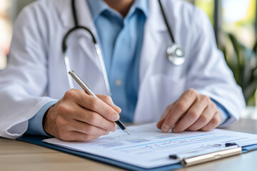 healthcare professional in white coat is reviewing digital health assessment form, showcasing focus on patient care and medical documentation