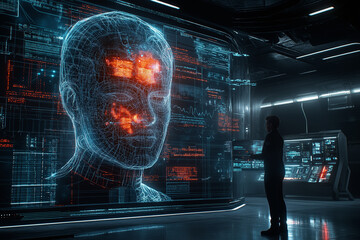futuristic digital health assessment interface displays holographic face with data overlays. person interacts with technology in high tech environment, showcasing advanced health monitoring