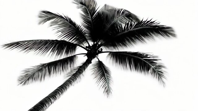 A black and white silhouette of a palm tree in the wind