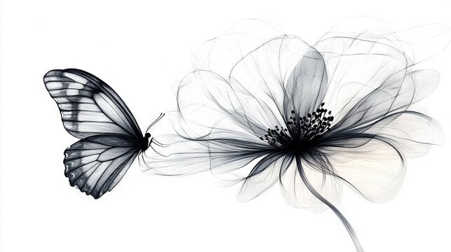 Fototapeta   A monochrome image of a butterfly perched on a bloom against a pure white backdrop