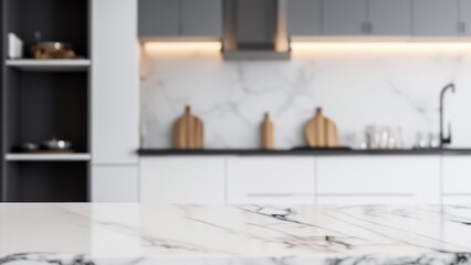 A white marble countertop in a modern kitchen with grey cabinets, wooden cutting boards, and stainless steel appliances.
