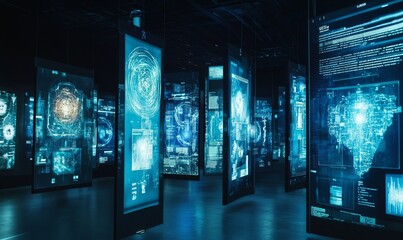 A series of holographic screens suspended in a dark room, displaying different aspects of artificial intelligence, like neural networks and code stream