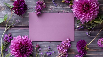 Purple dahlias and lavender with blank purple card on rustic wooden background, vibrant and elegant floral composition, rich purple tones, nature-inspired, romantic and artistic, copy space for text

