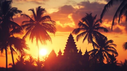 A silhouette of a temple surrounded by palm trees against a vibrant orange sunset.