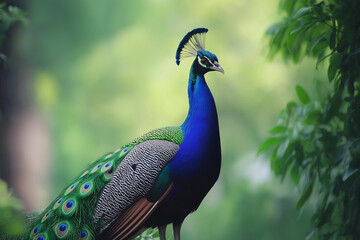 Obraz premium a beautiful colorful peacock on a green, slightly blurred meadow in the background, generative AI