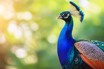 Naklejka premium a beautiful colorful peacock on a green, slightly blurred meadow in the background, generative AI